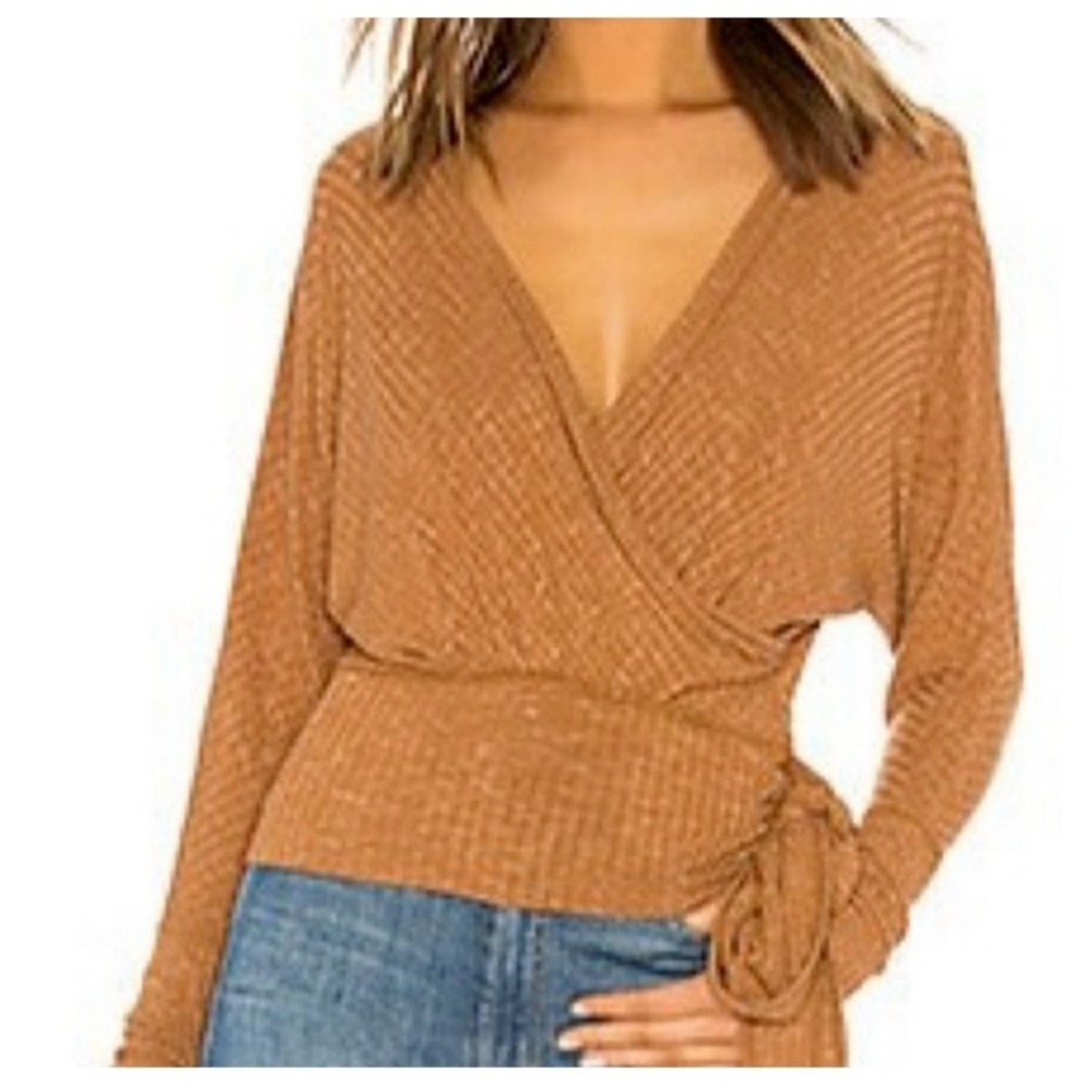 NWT We the Free East Coast Top Ribbed Spice Surplice V-Neck Waist Tie SZ XS